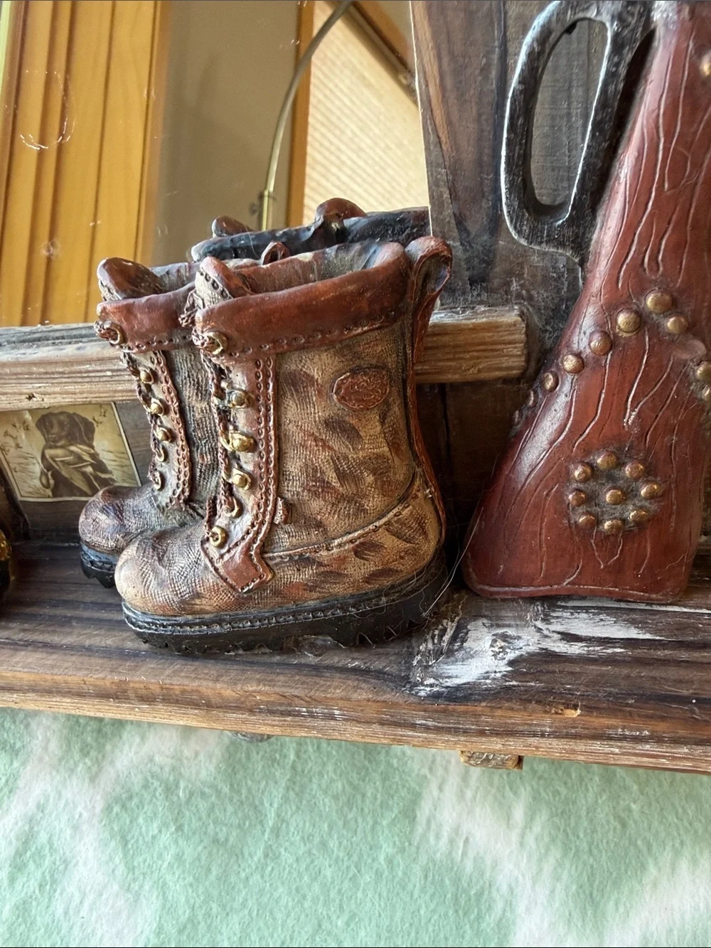 Rustic Brown Western Boot, Hunting & Rifle Wooden Frame Wall Mirror -Rivers Edge